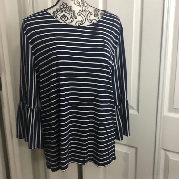 Chicos Blue White Stripe Bell Sleeve 2 M - Picture 1 of 8